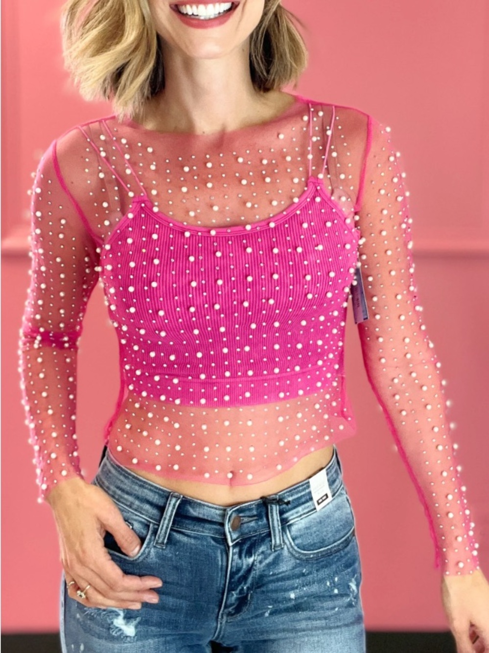 Vibrant Pink Mesh LS Top Embellished with Rhinestones Pearls Size M